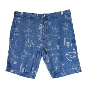 Faherty Mens 36 Blue Cotton Linen Surfboard Print Shorts Summer Holiday Golf